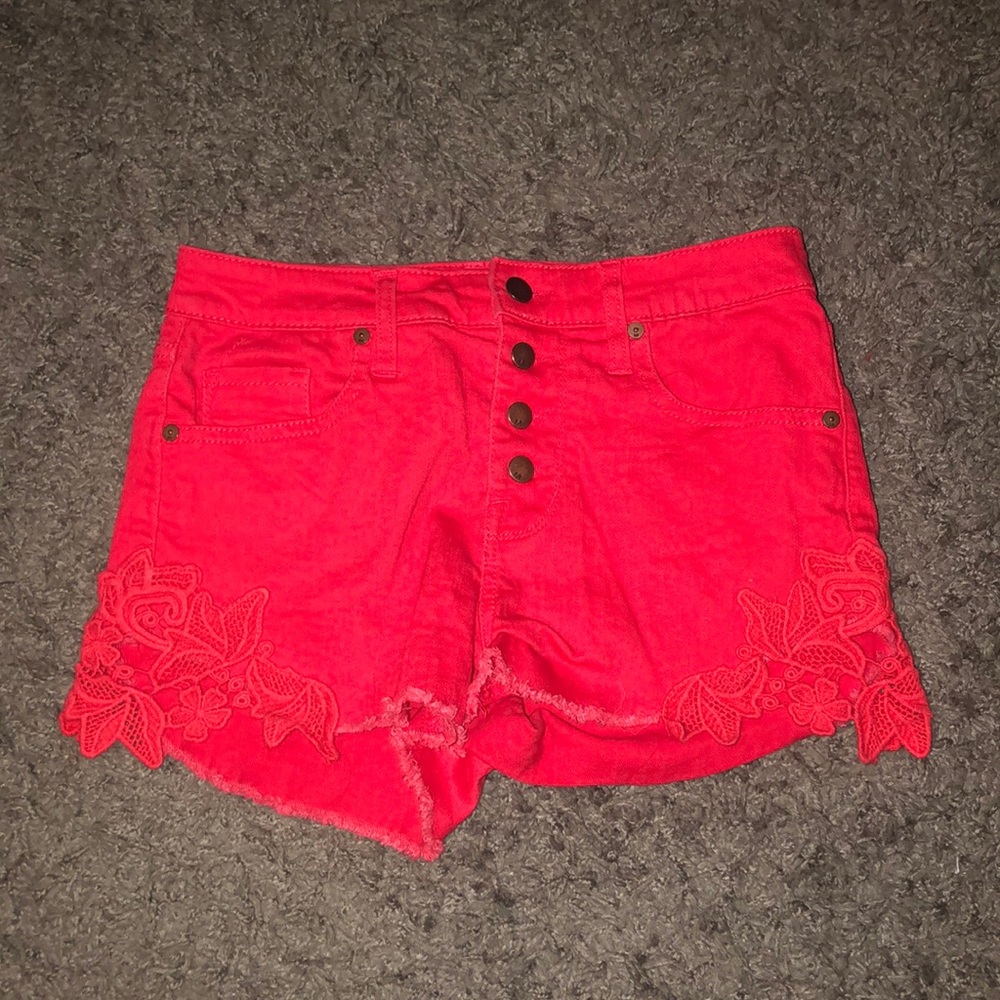 Red high rise denim shorts